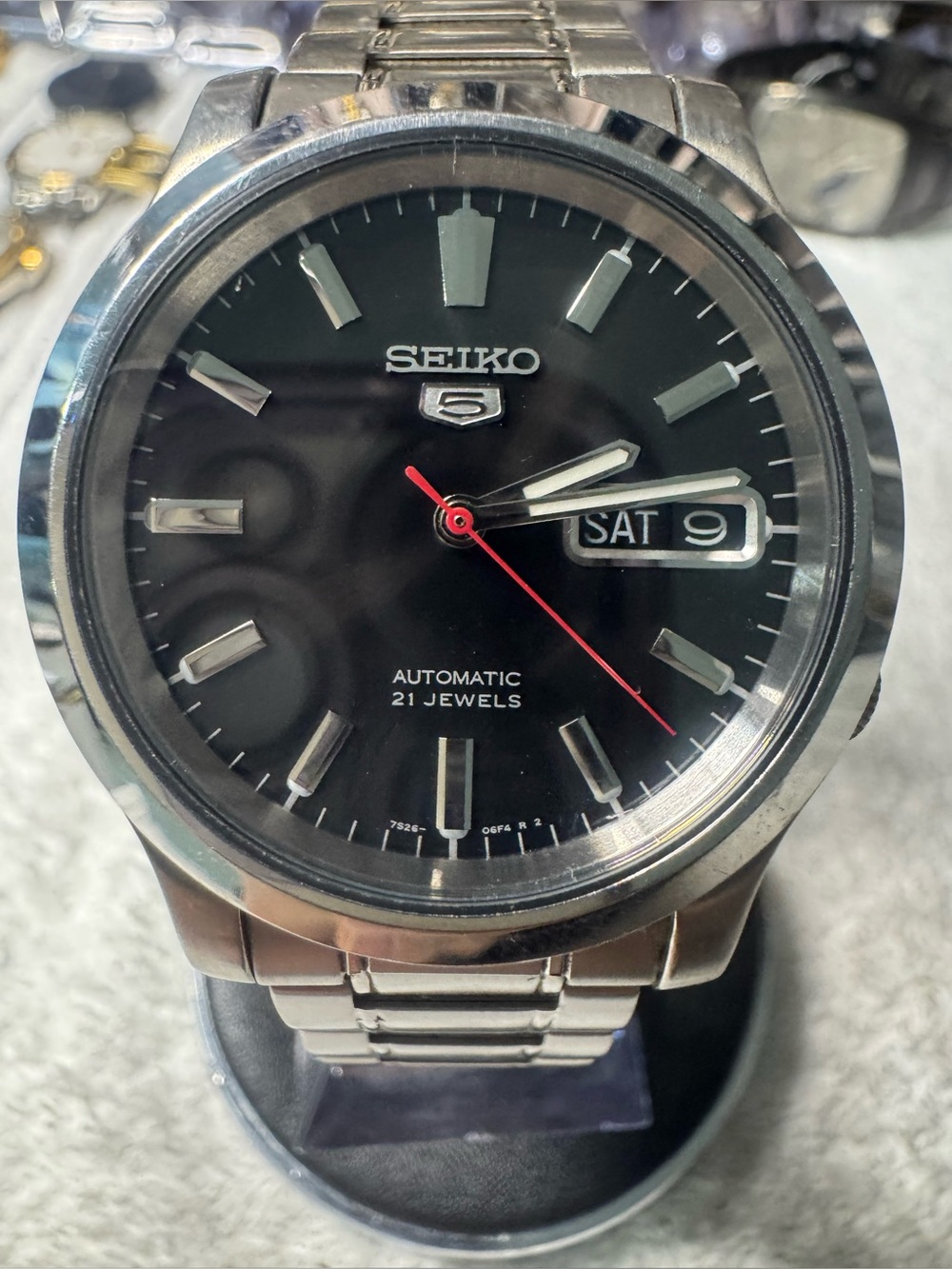 Seiko Black Dial Stainless Steel Bracelet Watch with Red Seconds Hand